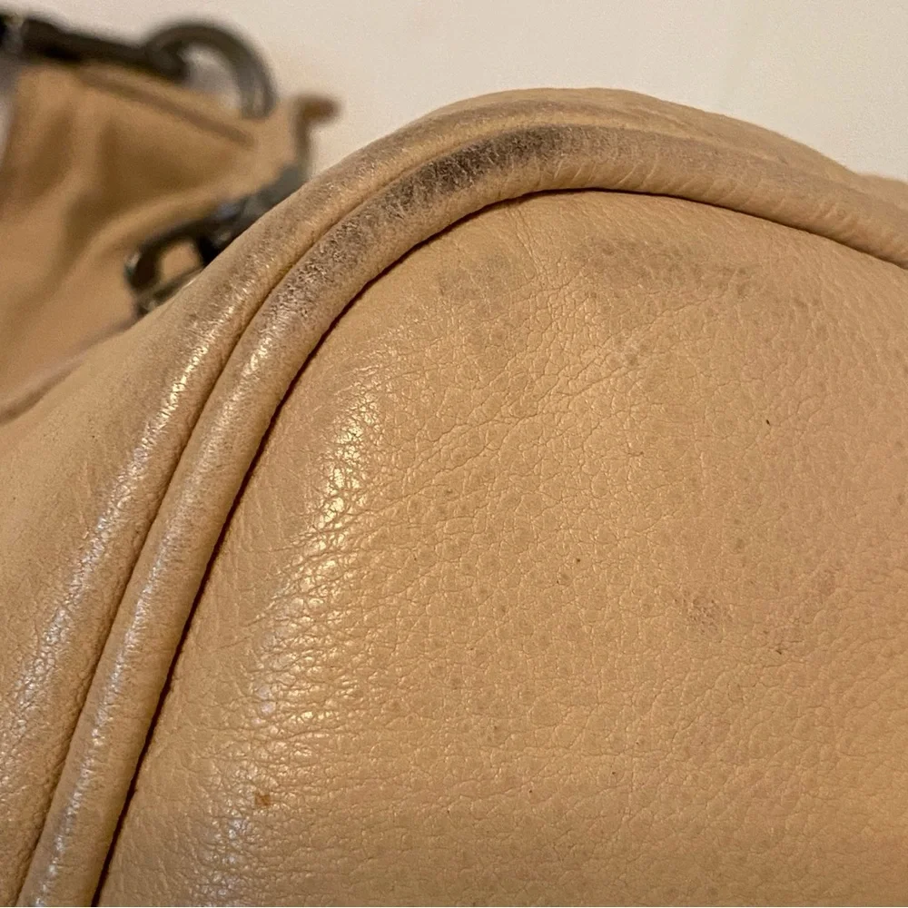 LIEBESKIND BAG HOBO TAN TEXTURED LEATHER TOP HANDLE SNAP CLOSE PEWTER HARDWARE